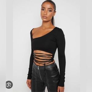 Maniere De Voir vegan leather lace up asymmetrical crop top